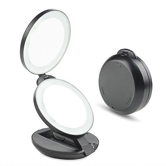 Compact double travel mirror with LED (10x magnification) - Black - | Fashiongirl