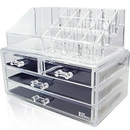 The UNIQ Acrylic Jewelry/Makeup Organizer with 4 Drawers - SF 1155 features multiple top compartments and four drawers, perfect for storing cosmetics, accessories, or jewelry.
