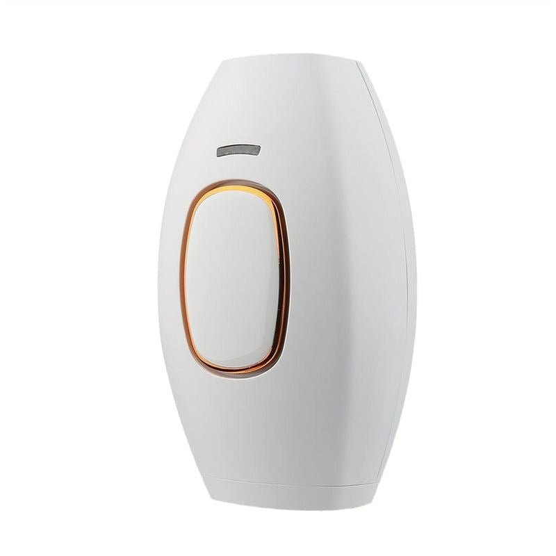 The UNIQ IPL Hair Removal Device, featuring a white body and gold-bordered oval button, offers smooth, pain-free permanent hair reduction at home with 600,000 flashes. It’s shown against a plain white background.