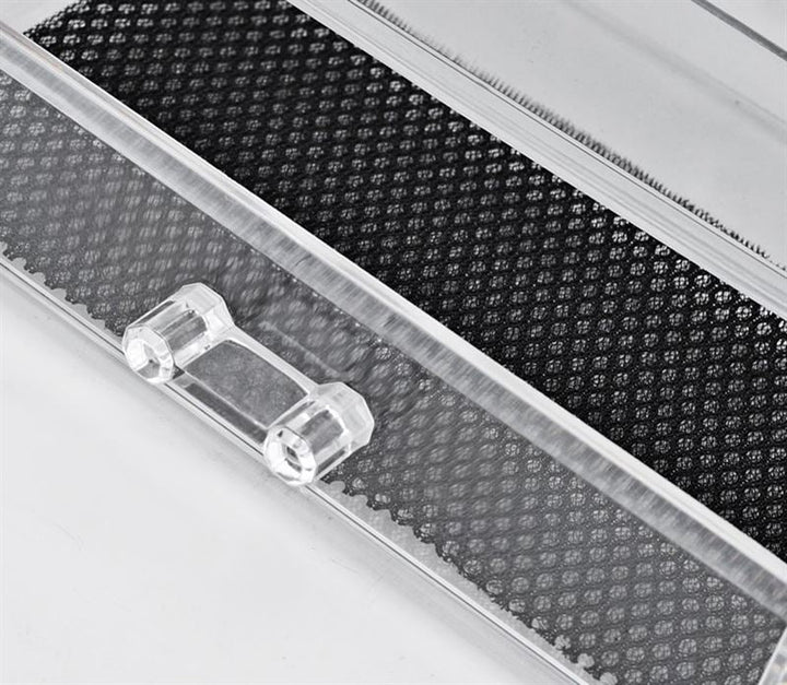 The UNIQ Makeup Acrylic Organiser with 1 drawer and top (SF-1061) features a hinged lid and textured black lining, perfect for beauty storage, shown here on a white surface.